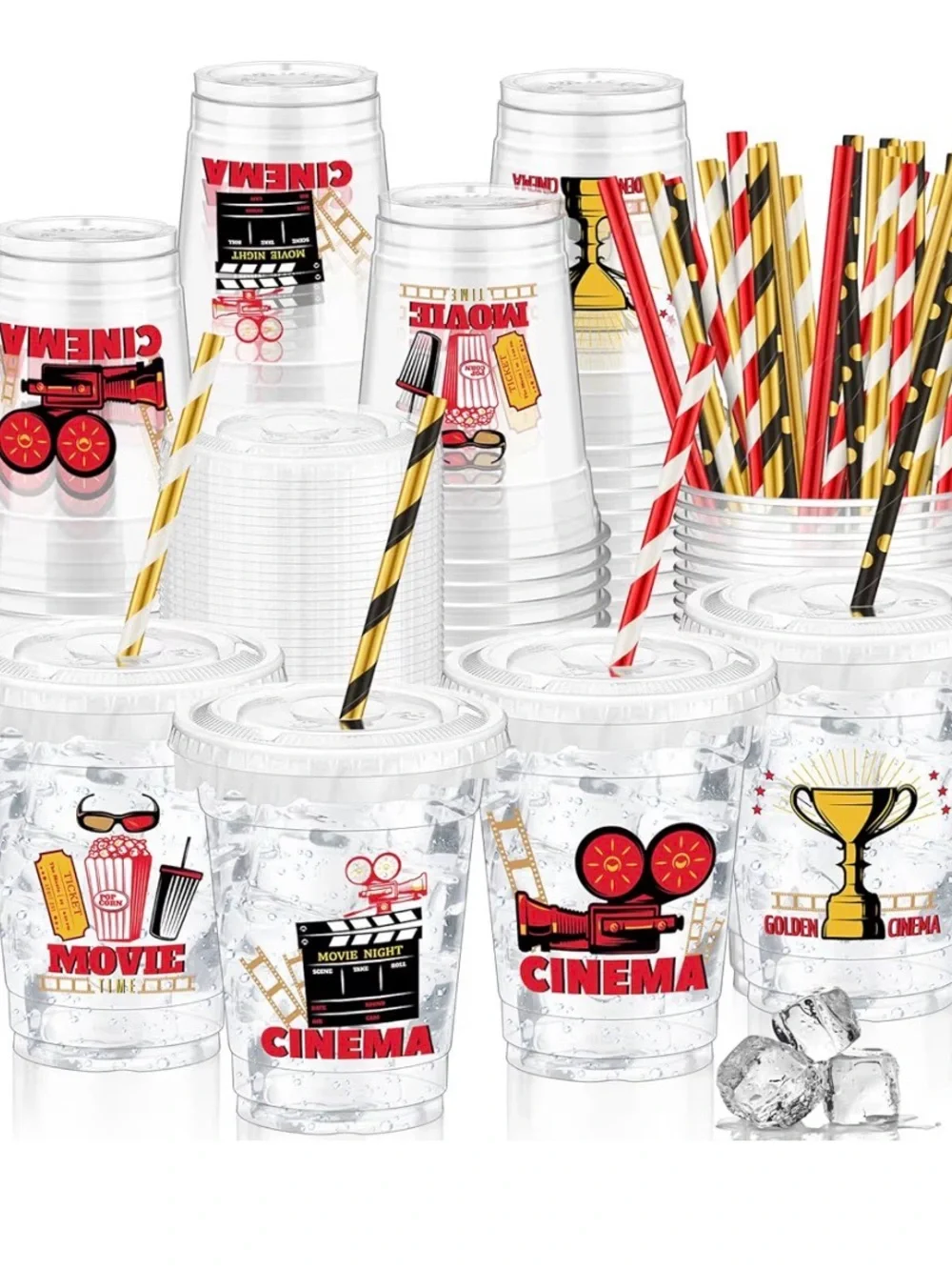 48 count Cinema themed Party Clear Plastic Cups with straws and lids